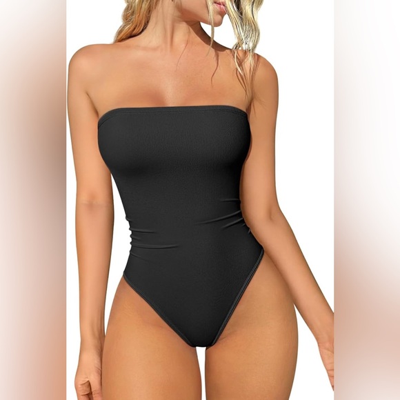 OQQ Womens Tube Bodysuits Strapless Basic Sleeveless Ruched Stretch Bodysuit - Picture 1 of 5